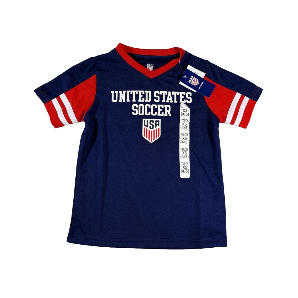 US Soccer Youth XS 4/5 Short Sleeve V-Neck Shirt Blue Red Graphic NWT